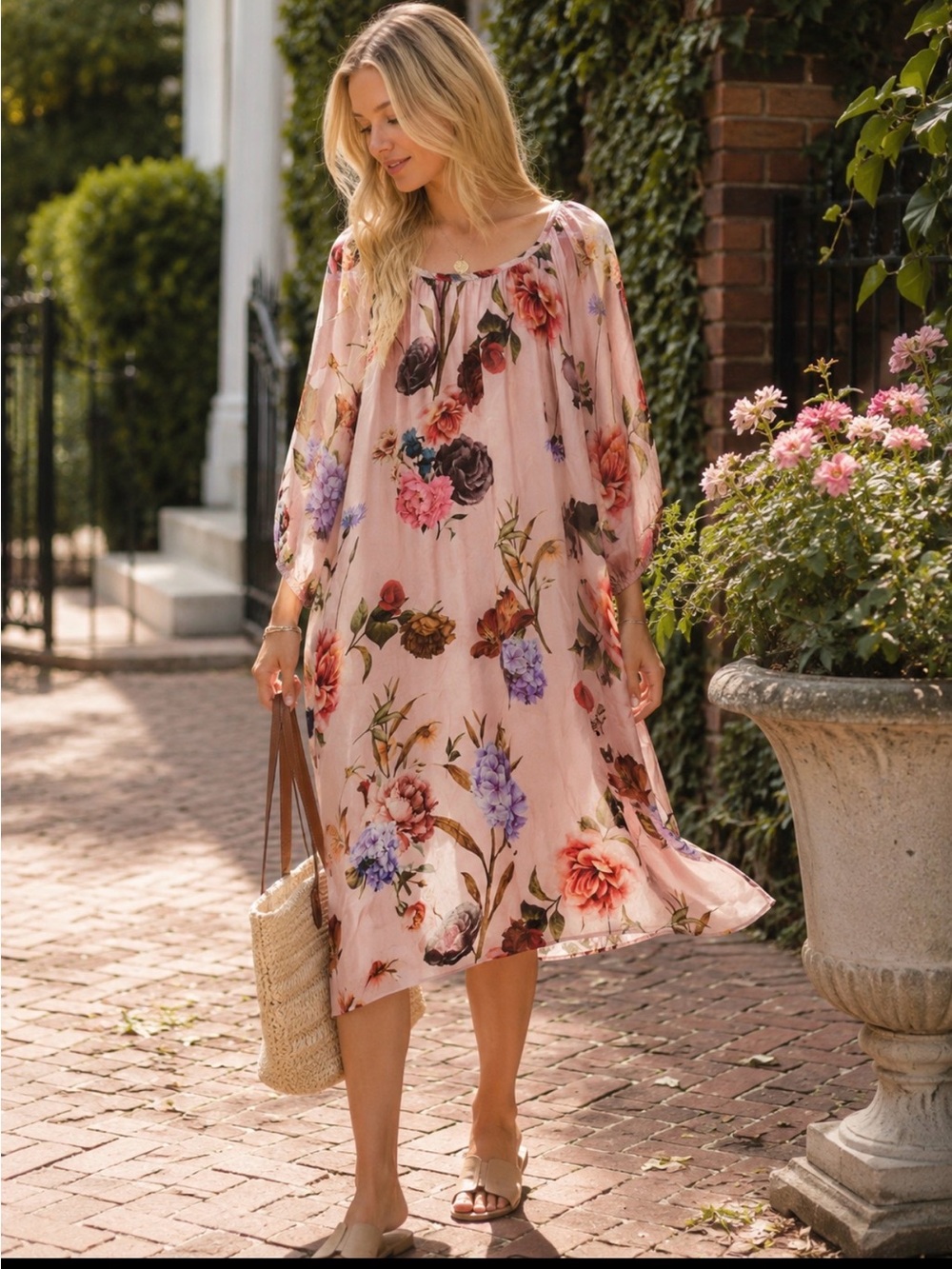 Bella Umbria Silk blend dusty rose floral print dress size XL
